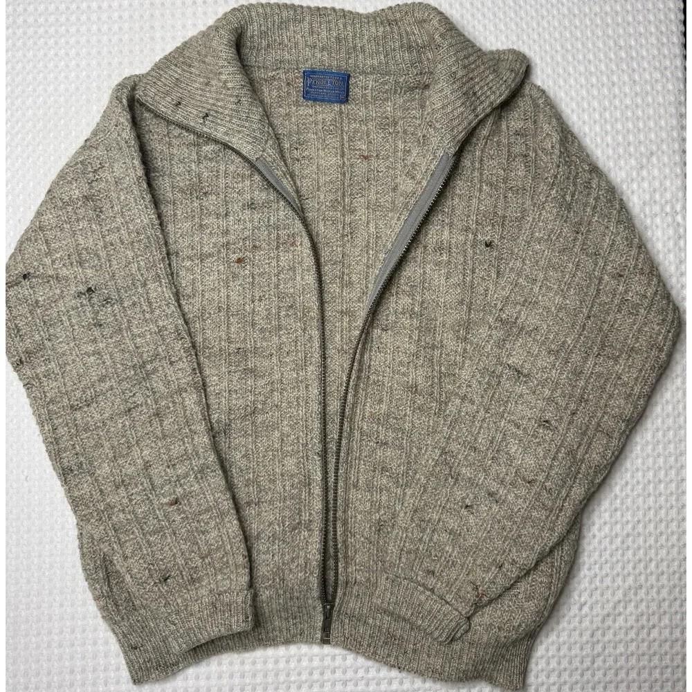 Vintage Pendleton Wool Oatmeal Cardigan Full Zip Collared Sweater Mens M Pockets
